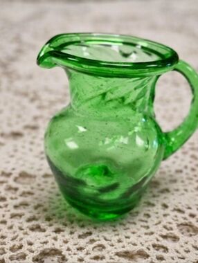 VTG Mini Green Handblown Glass Pitcher 4"